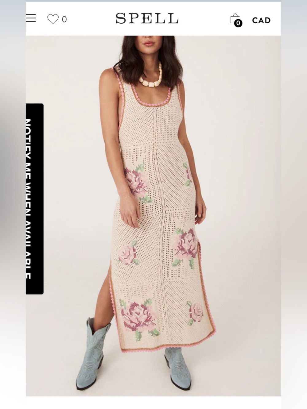 Spell Beige Crochet Midi Dress with Pink Rose Motifs